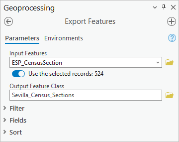 Parameter des Werkzeugs "Features exportieren"