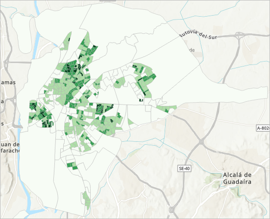 Karte mit dem Feld für Bevölkerungsdichte im Layer "Sevilla_Census_Sections"