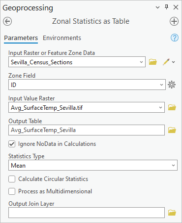 Parameter für das Werkzeug "Zonale Statistiken als Tabelle"