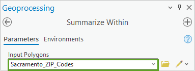 Parameter "Eingabe-Polygone" auf den Layer "Sacramento_Zip_Codes" festgelegt