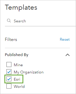 Filtern Sie in den Vorlagen diejenigen heraus, die von Esri veröffentlicht wurden.