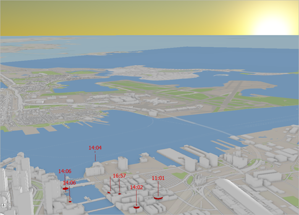 Geneigte 3D-Ansicht des Hafens von Boston mit aufgehender Sonne