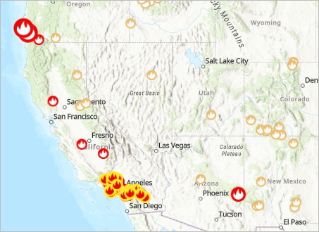 Layer "USA Current Wildfires – Current Incidents" ist auf der Karte sichtbar