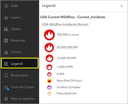 Schaltfläche "Legende einblenden" für den Layer "USA Current Wildfires - Current Incidents"