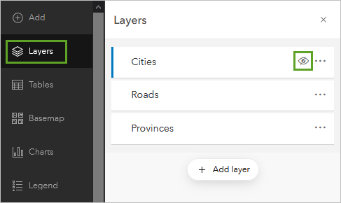 Sichtbarkeit des Layers "Cities" im Bereich "Layer" deaktiviert