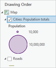 Der Layer "Cities: Population totals" im Bereich "Inhalt"