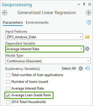 Parameter für das Werkzeug "Generalisierte lineare Regression"