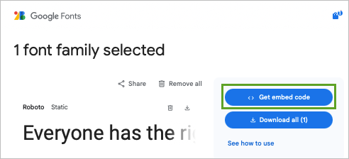 "Get embed code" für die Schriftart