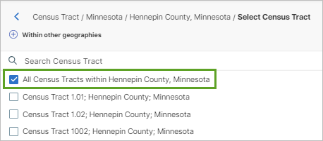 Aktiviertes Kontrollkästchen "All Census Tracts within Hennepin County, Minnesota"