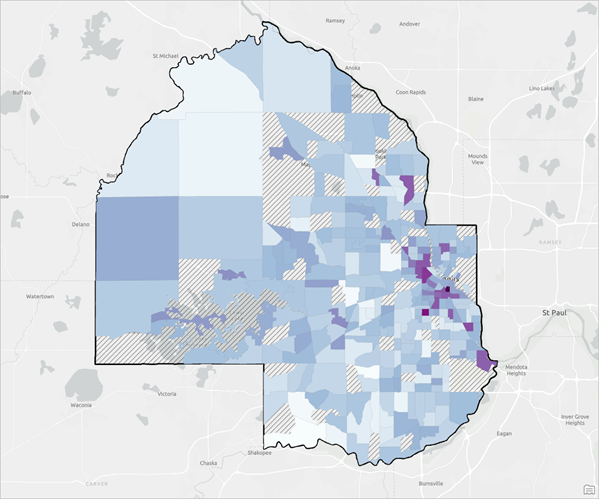 Das ArcGIS Pro-Projekt wird mit einer Karte der mittleren Indexzahlen für die Bezirke im Hennepin County des US-Bundesstaats Minnesota angezeigt.