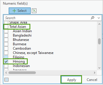 Kontrollkästchen "Total Asian" deaktivieren, Kontrollkästchen "Hmong" aktivieren und auf die Schaltfläche "Übernehmen" im Menü "Numerische Felder" klicken