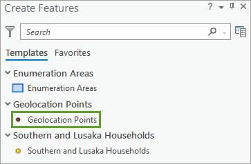 Bereich "Features erstellen" mit hervorgehobener Feature-Class "Geolocation Points"