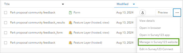 Option "Auf Survey123-Website verwalten" für den Survey "Park proposal community feedback form"