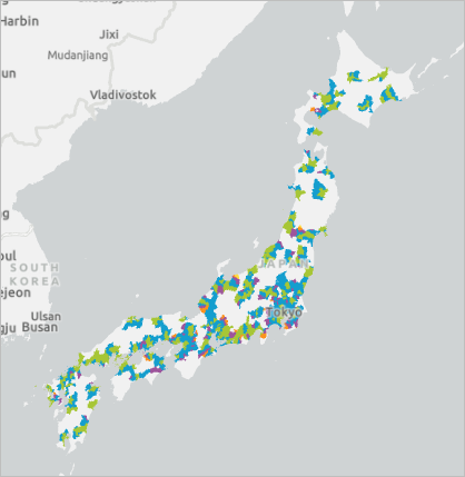 Mit dem Koordinatensystem "Equal Earth Asia-Pacific" projizierte Karte von MEAs in Japan