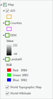 Deaktivierte Layer "Counties", "DEM" und "Landsat9"