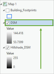 Neu angeordnete Darstellungsreihenfolge mit "DSM" über "Hillshade_DSM"