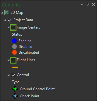 Die deaktivierten Layer "Image Centers" und "Flight Lines" im Bereich "Inhalt"