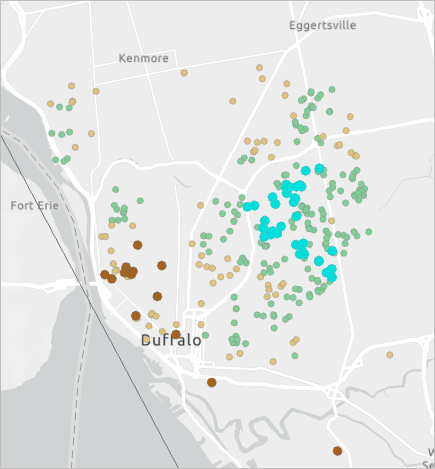 Die Punkte mit einer signifikanten Anzahl an nicht aufgeklärten Tötungsdelikten sind auf der Karte von Buffalo, New York, hervorgehoben.