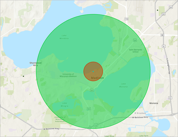 Karte der Einzugsgebietsringe von 0,5 Meilen und 3 Meilen um den Standort "University Lake"