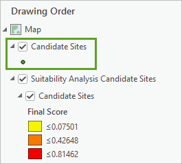 Der Layer "Candidate Sites" am Anfang der Liste "Darstellungsreihenfolge"