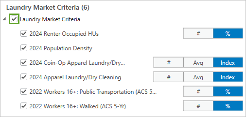 Liste "Laundry Market Criteria" mit allen ausgewählten Variablen