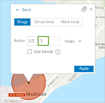 Auf der Registerkarte "Ringe" wird ein 3-Meilen-Radius hinzugefügt.