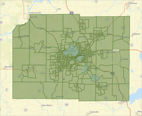 Blockgruppen in Dane County werden als Teilmarktstandorte der Karte hinzugefügt.