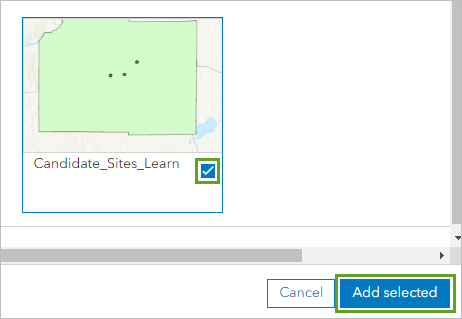 Ausgewählter Layer "Candidate_Sites_Learn" und die Schaltfläche "Auswahl hinzufügen"