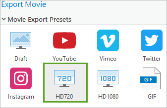 Einstellungen für "Film exportieren" mit ausgewählter Option "HD720"