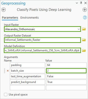 Werkzeug "Pixel mit Deep Learning klassifizieren" mit der Registerkarte "Parameter"
