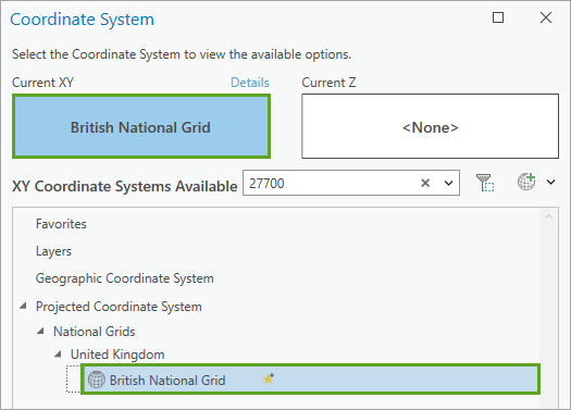 Aktuelles XY-Koordinatensystem auf British National Grid festgelegt