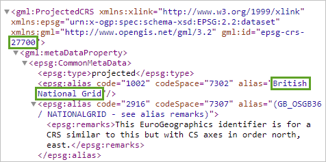 EPSG-Code und Name des Koordinatensystems in der XML-Datei