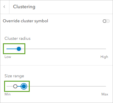 Optionen für Cluster-Radius und Größe