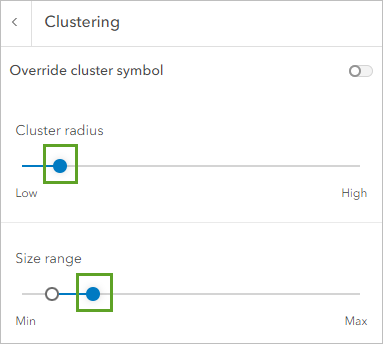 Optionen für Cluster-Radius und Größe