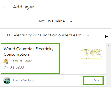 Fügen Sie den Layer "World Countries Electricity Consumption" hinzu.
