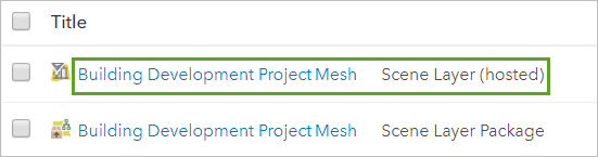 Der Szenen-Layer "Building Development Project Mesh", der unter "Inhalt" aufgeführt wird