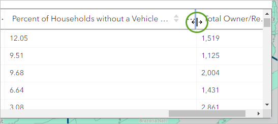 Tabelle mit Feld "Percent of Households without a Vehicle"