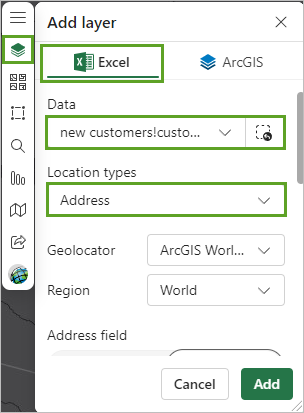 Bereich "Layer hinzufügen" für die Daten "new customers"