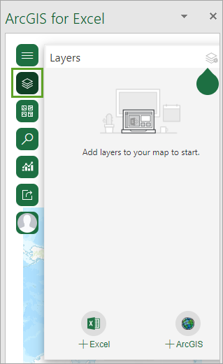 Der Bereich "Layer" mit Optionen zum Hinzufügen von Layern aus Excel und ArcGIS