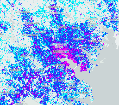 Baltimore und die umliegenden Gebiete mit dem Farbschema "Zyan zu Violett"