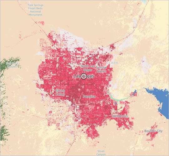 Die Stadt Las Vegas, die im Landbedeckungs-Layer als rote Fläche dargestellt wird