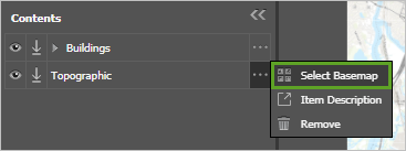 Der Layer "Topographic" im Bereich "Contents" mit hervorgehobenem Befehl "Select Basemap" im Menü "More Options"