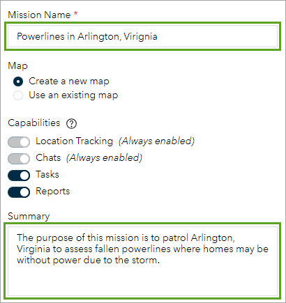 Geben Sie Missionsdetails im Erstellungsbereich ein.