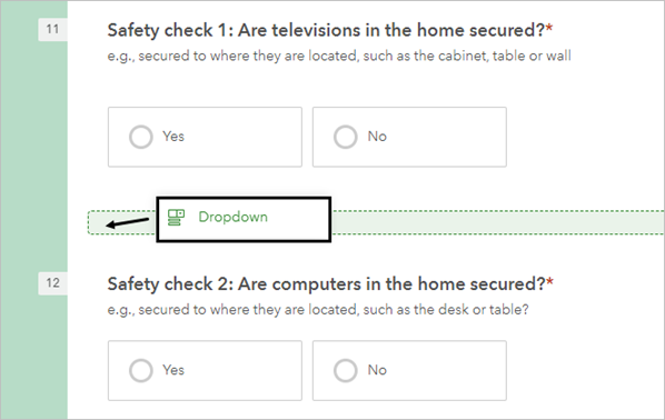 Unter der Frage "Safety check 1" hinzugefügte Dropdown-Frage