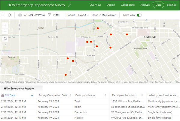 Registerkarte "Daten" mit einer interaktiven Karte der Einsendungen und einer Tabelle mit den gesammelten Survey-Antworten