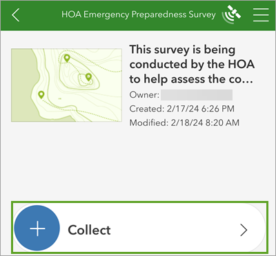 "Erfassen" auf der Seite "HOA Emergency Preparedness Survey"