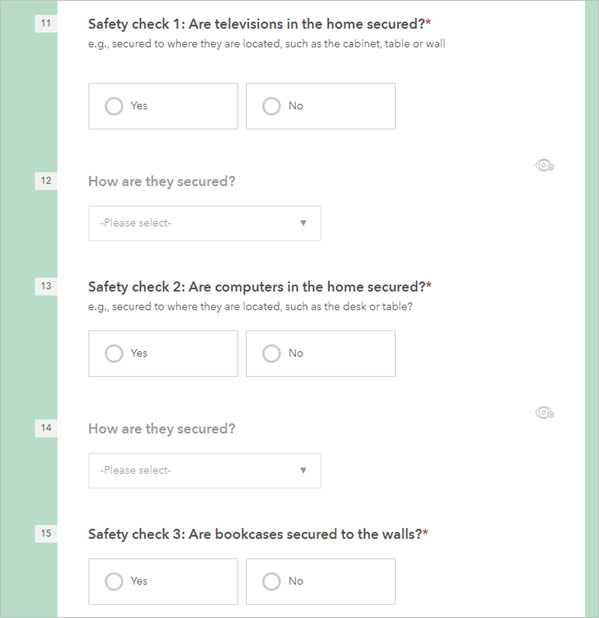 Konfiguration der bedingten Sichtbarkeit für die Frage "How are they secured?" unterhalb der Fragen "Safety check 1" und "Safety check 2" in der Survey-Vorschau