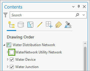 Im Bereich "Inhalt" deaktivierter "WaterNetwork Utility Network Layer"