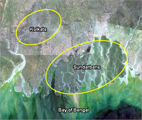 Ansicht der Sundarbans-Region mit Beschriftungen