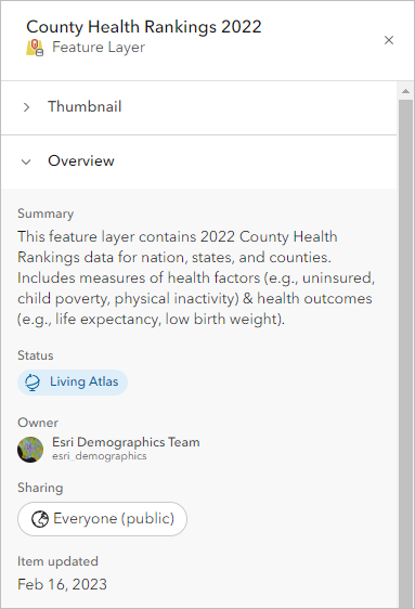 Details des Layers "County Health Rankings"